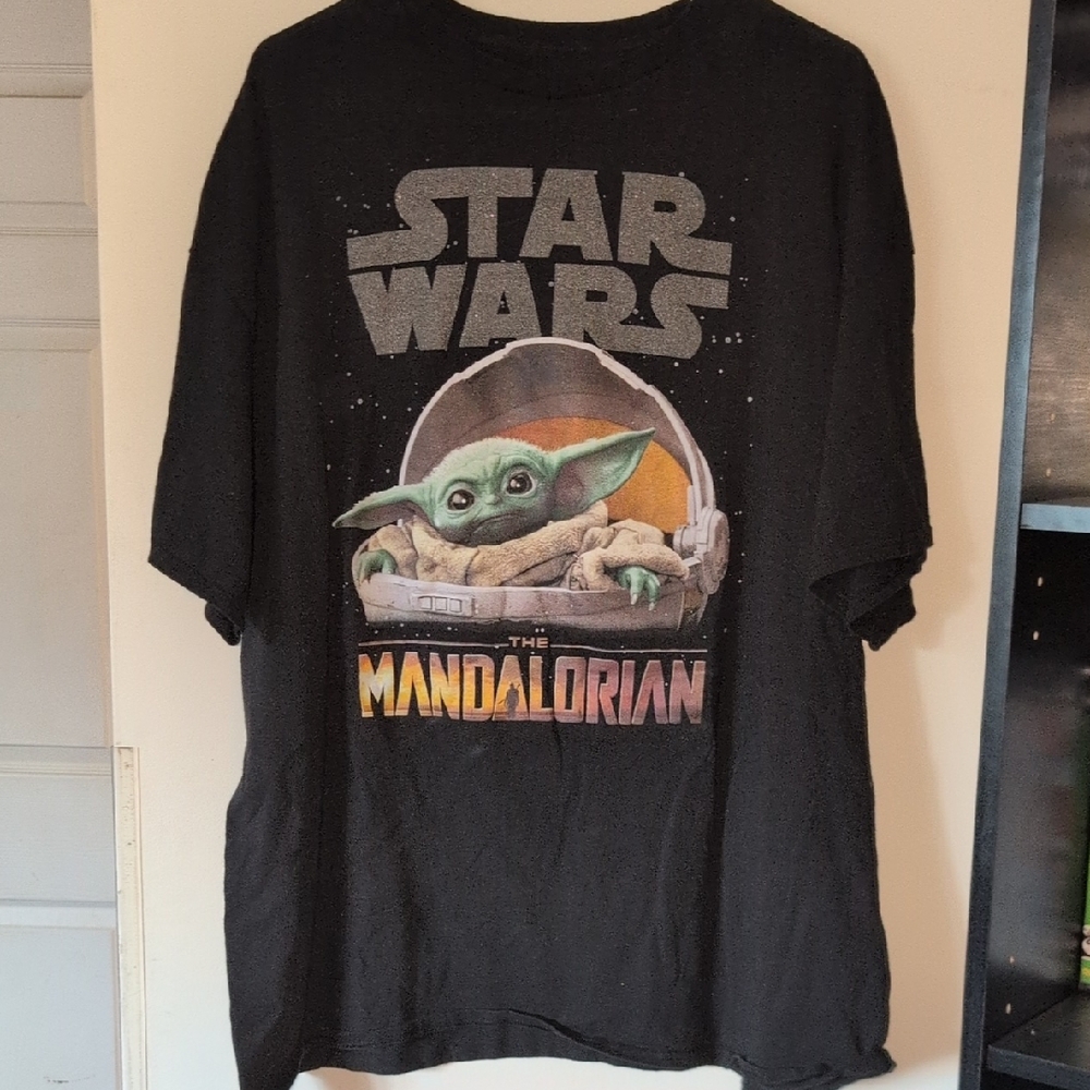 Star Wars Mandalorian Adults Black Tee with Green and Yellow Accents